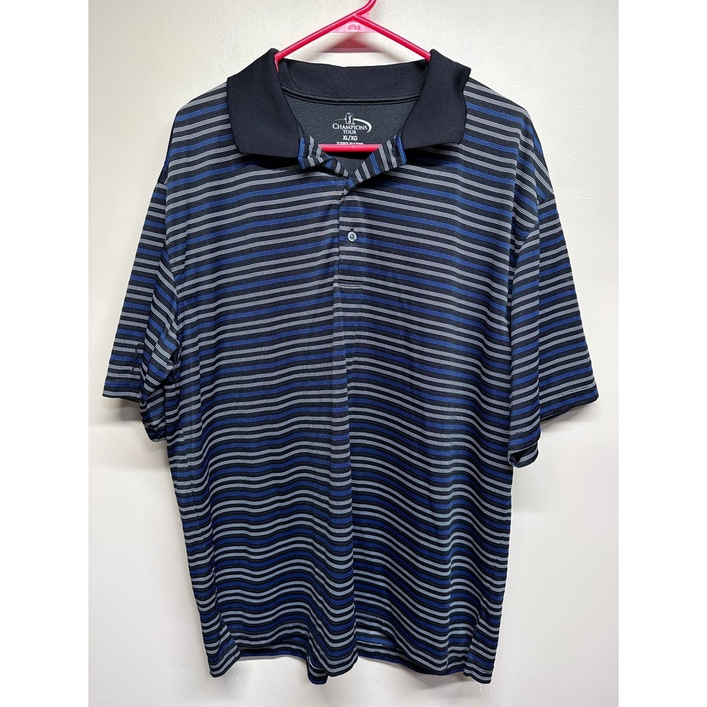 Champions Tour Mens Golf‎ Polo Shirt XL Blue Gray Stripe Short Sleeve Button Up